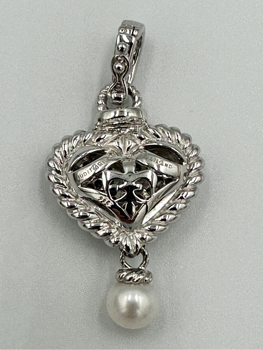 New Judith Ripka 925 Sterling Silver Puffed Heart Dangling Pearl Pendant Charm - Picture 6 of 10